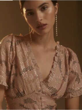 Anthropologie Forever That Girl Sequin Blouse in Blush Pink Size XXS